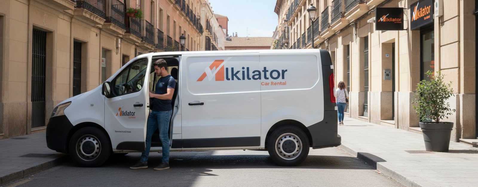 Furgoneta blanca de alquiler mediana aparcada en una calle española con un conductor abriendo la puerta lateral, ejemplo de furgoneta que se conduce con el carnet B