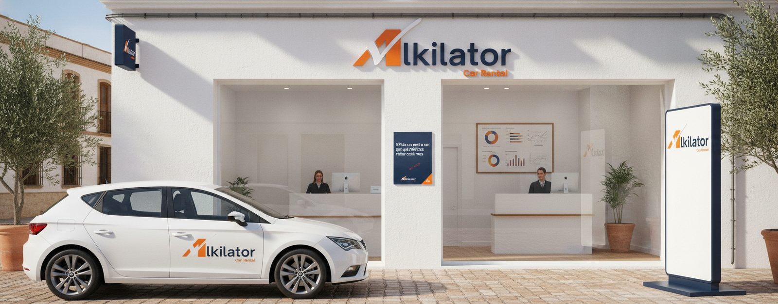 Equipo de una oficina Alkilator revisando los KPI de un rent a car en las pantallas de gestión, con la flota de alquiler aparcada al fondo