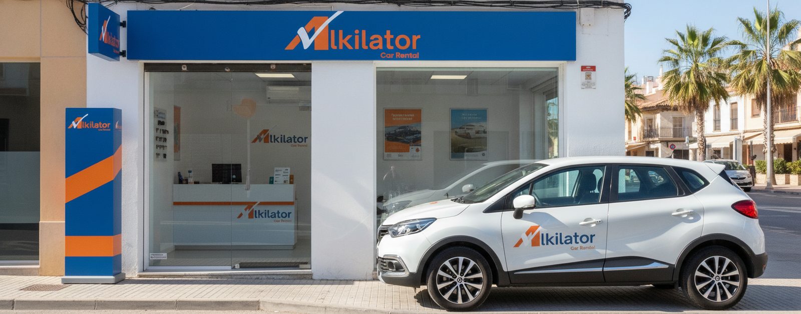 Oficina de empresa de alquiler de coches con documentación y contrato sobre el mostrador