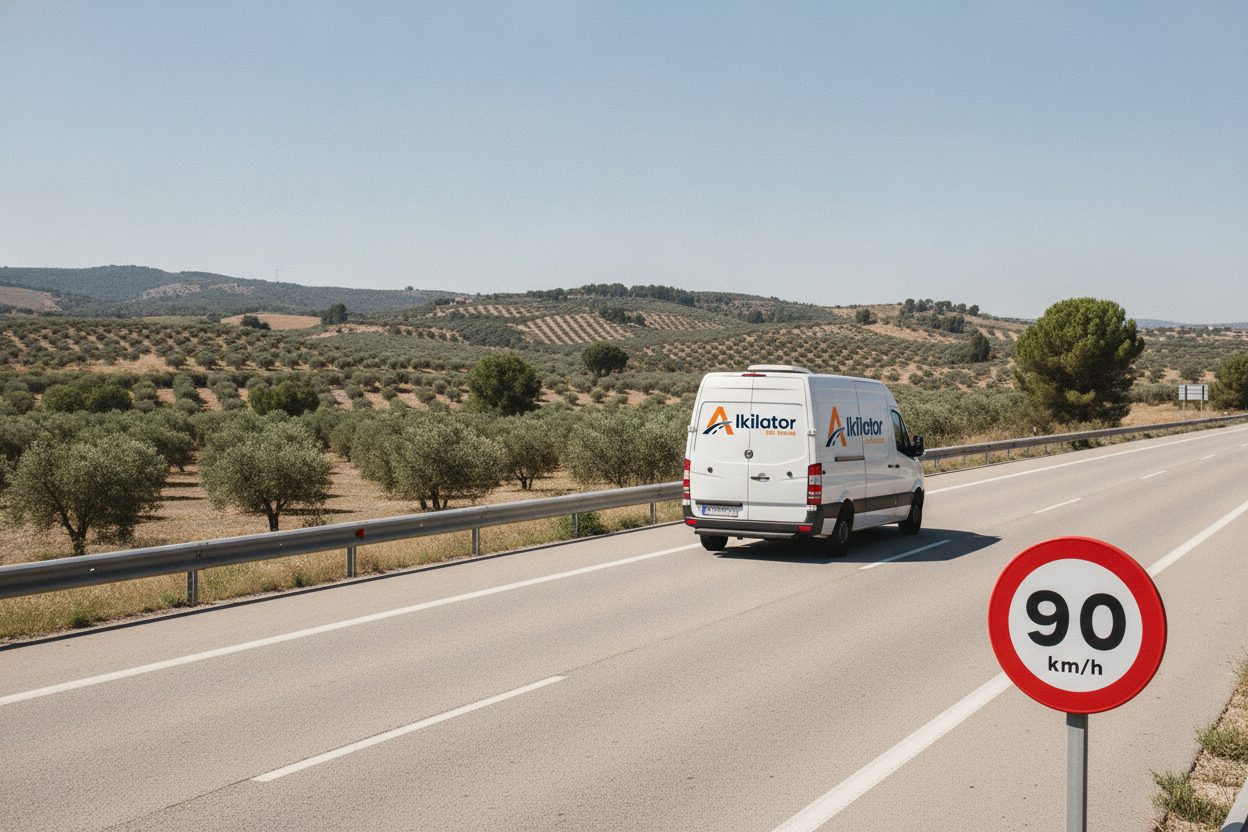 Furgoneta de alquiler de Alkilator circulando por una autovía española junto a una señal de límite de velocidad