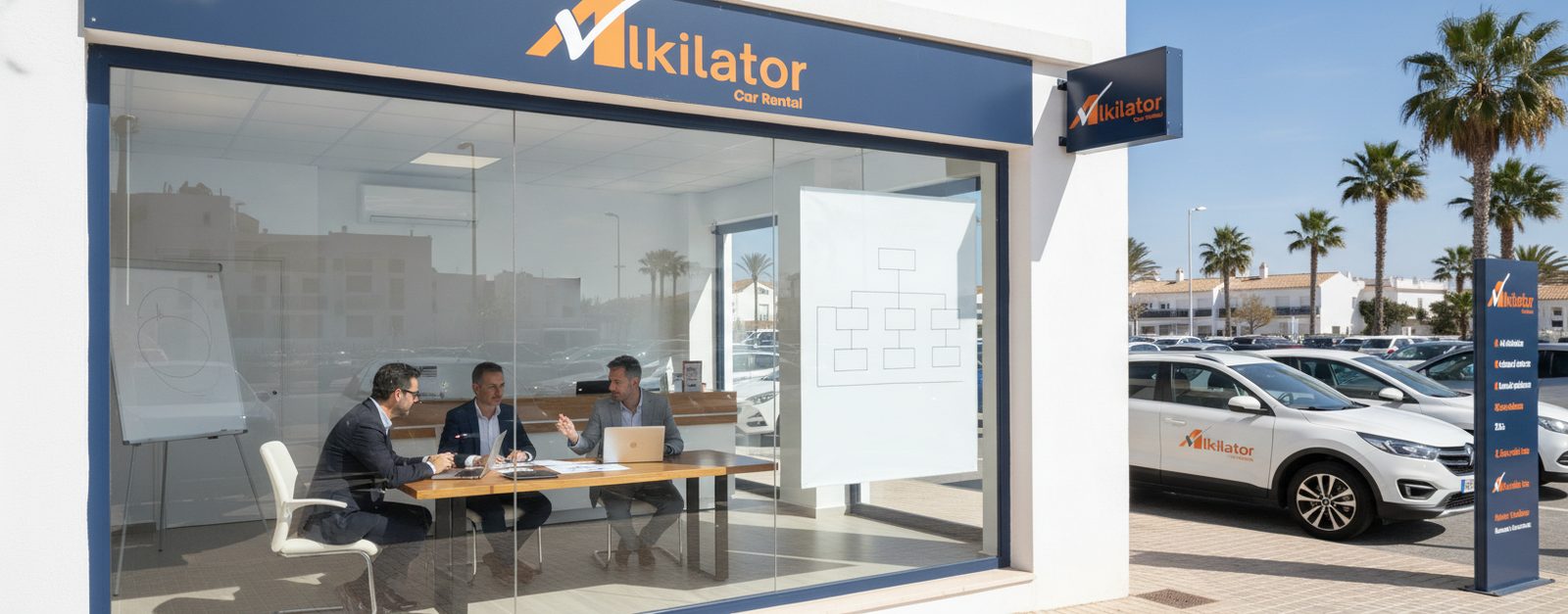Emprendedor revisando documentos y folletos de Alkilator en la mesa de una oficina de alquiler de coches