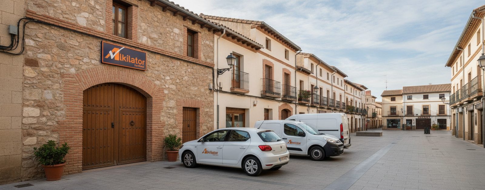 Oficina de rent a car de Alkilator en la calle principal de una ciudad pequeña española, con un coche y una furgoneta de alquiler aparcados delante