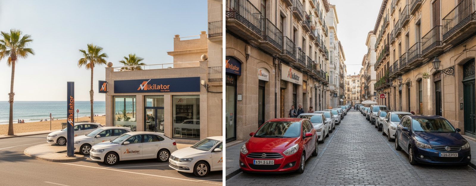 Emprendedor frente a un mapa de España comparando una oficina de alquiler de coches en la costa y otra en el centro de una ciudad, ilustrando dónde montar un rent a car