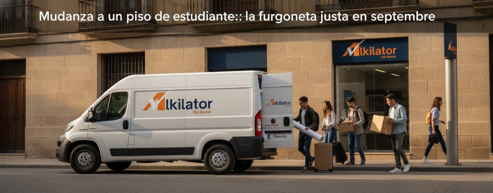 Furgoneta de alquiler de Alkilator aparcada en una calle de ciudad durante una mudanza a un piso de estudiantes