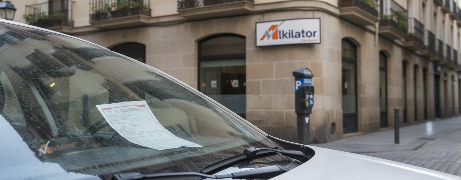 Aviso de multa de aparcamiento bajo el limpiaparabrisas de un coche de alquiler frente a una oficina de Alkilator