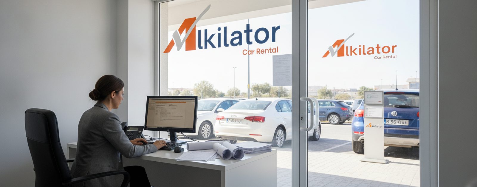 Gestora de una oficina de alquiler de coches Alkilator revisando en el ordenador una notificación de multa de tráfico junto a los contratos de alquiler, con la flota aparcada tras la cristalera