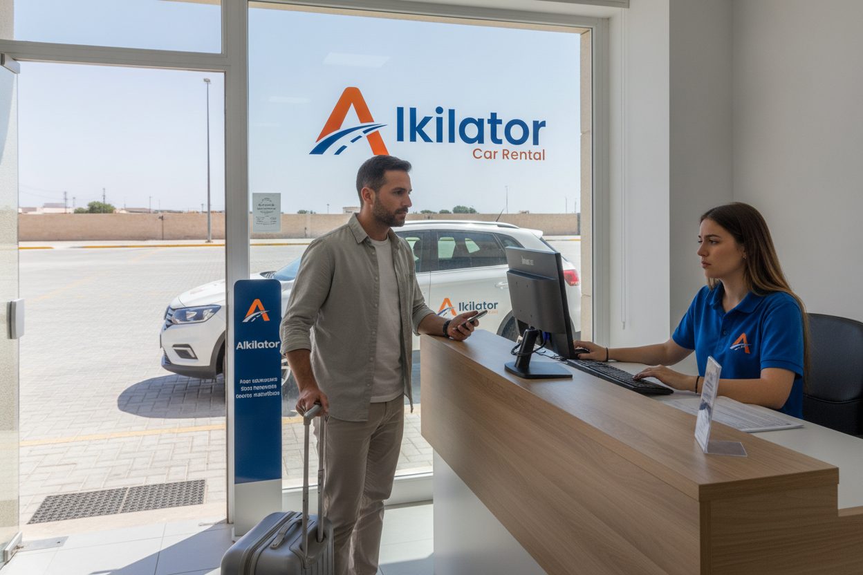 Cliente con maleta y móvil en el mostrador de una oficina de alquiler de coches de Alkilator mientras la empleada busca en el ordenador una solución a su reserva