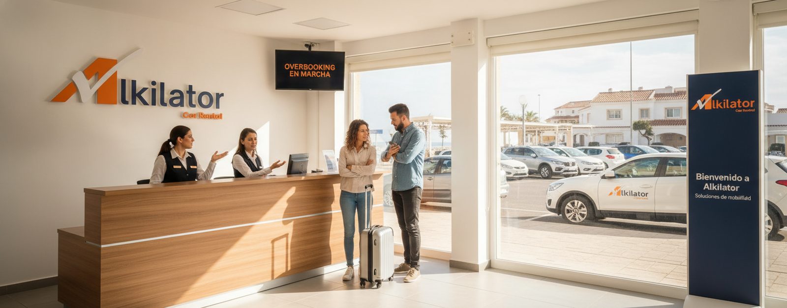 Empleada de una oficina de alquiler de coches de Alkilator atendiendo a un cliente en el mostrador mientras gestiona las reservas del día