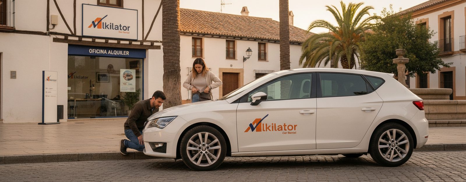 Flota de coches de alquiler de Alkilator aparcada frente a la oficina, con cartel de recogida y entrega de vehículos