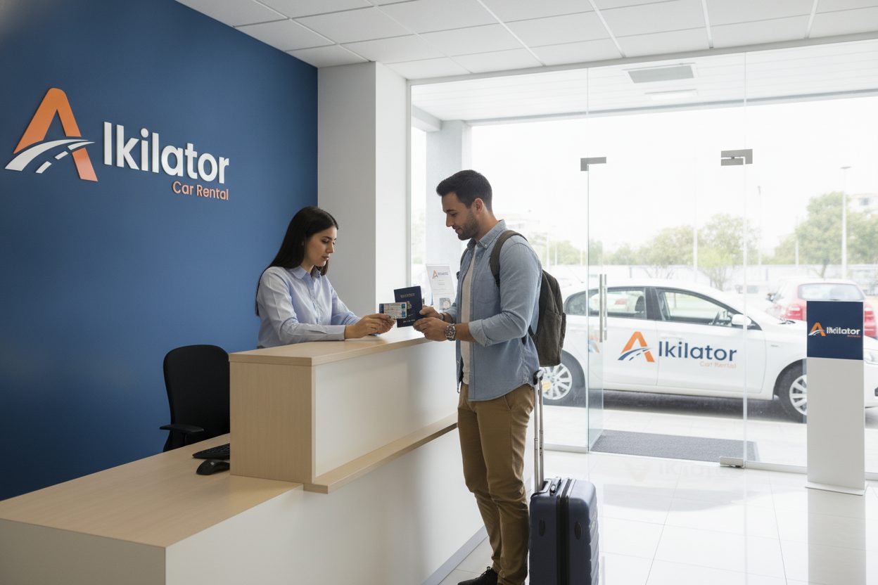 Empleado de un rent a car de Alkilator comprobando el permiso de conducir extranjero de un cliente en el mostrador antes de entregar un coche de alquiler