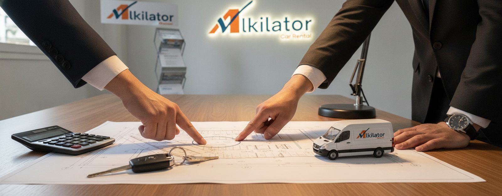 Dos socios señalando sobre los planos el plan de negocio de un rent a car de Alkilator, con llaves de coche y calculadora en la mesa