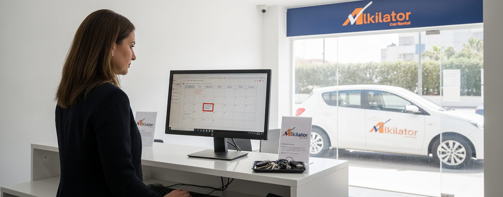 Gestora de un rent a car de Alkilator revisando en el ordenador del mostrador una reserva cancelada y el calendario de la flota