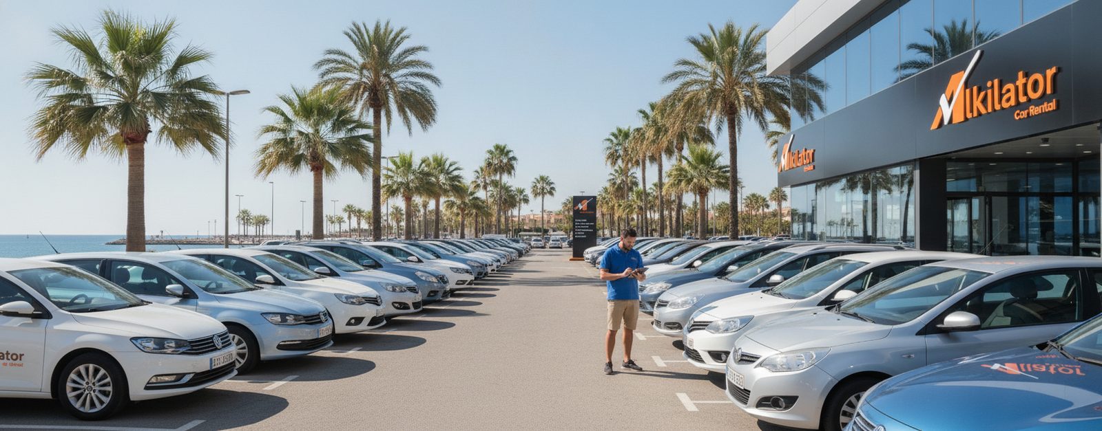 Empleado de Alkilator revisando con una tablet la flota de coches de alquiler en un aparcamiento de costa en temporada alta