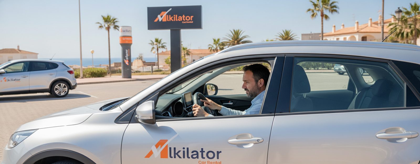 Interior de un coche de alquiler de Alkilator con el conductor ajustando el cambio antes de arrancar frente a la oficina