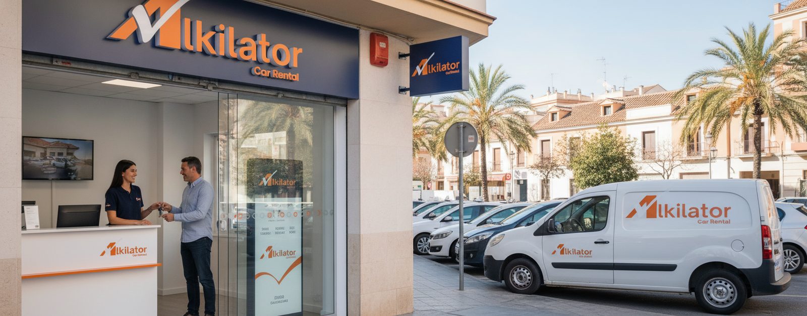 Empleado de empresa de alquiler de coches atendiendo a un cliente habitual en oficina