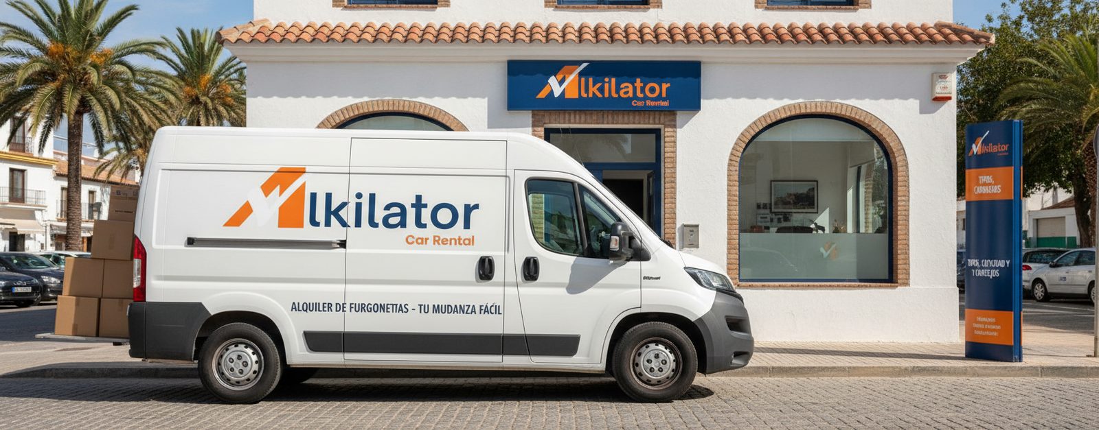 Furgoneta de alquiler cargando cajas para una mudanza