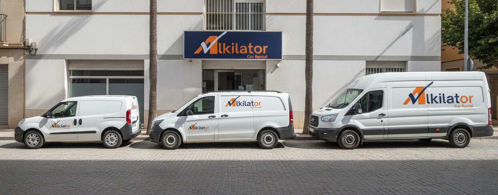 Comparativa de tres furgonetas de alquiler de distinto tamaño aparcadas en fila para elegir la carga adecuada