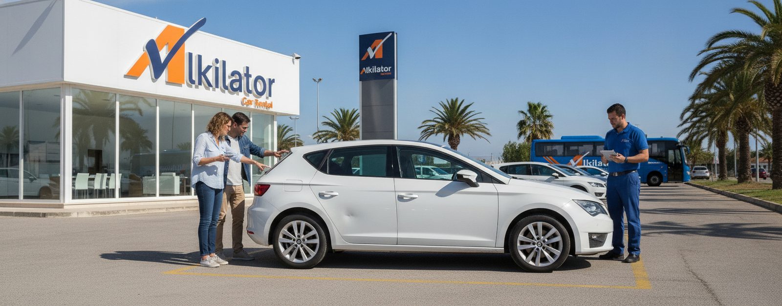 Cliente revisando con un empleado de Alkilator los daños de un coche de alquiler en la devolución