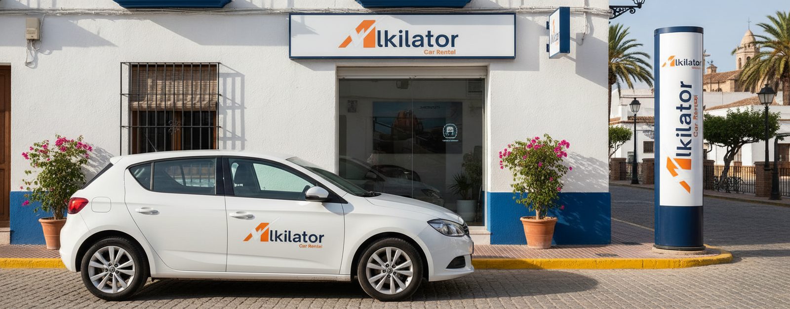 Mostrador de alquiler de coches en una ciudad española con clientes siendo atendidos