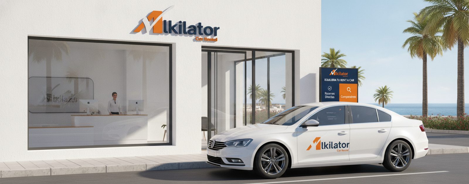 Emprendedor frente a un mapa de España comparando una oficina de alquiler de coches en la costa y otra en el centro de una ciudad, ilustrando dónde montar un rent a car