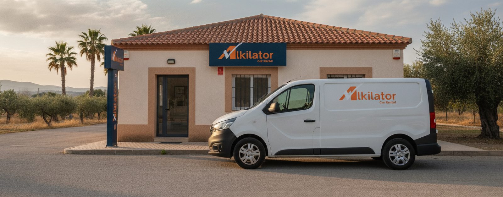 Furgoneta de alquiler de Alkilator lista para cargar, con el contrato y las condiciones del seguro antes de la entrega