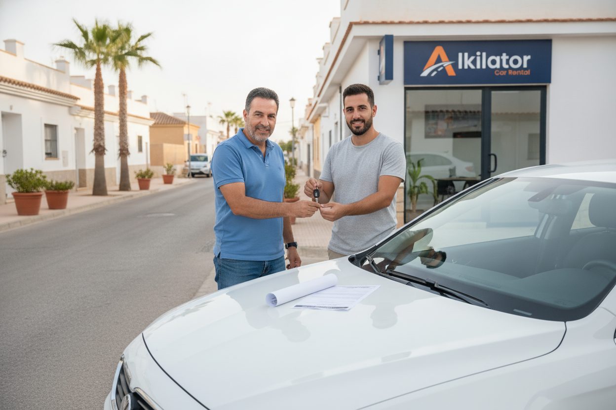 Propietario entregando las llaves de su coche a otra persona junto a un contrato y la póliza de seguro para alquilar el coche, guía de Alkilator