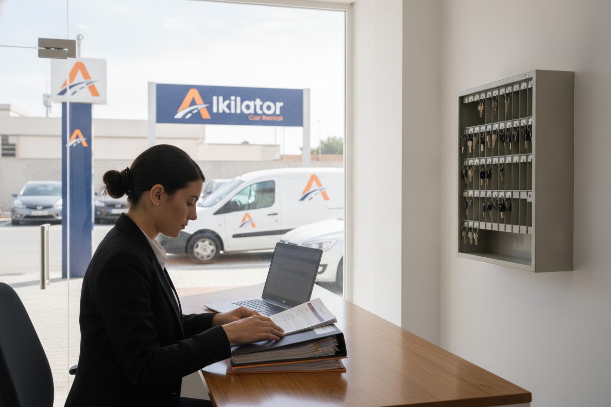 Gestor de un rent a car Alkilator revisando pólizas de seguro del negocio en su oficina de alquiler de coches