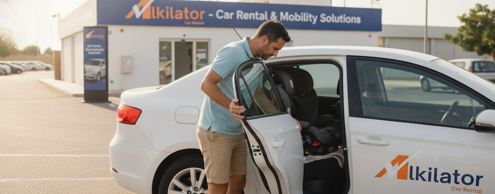 Padre instalando una silla infantil homologada en el asiento trasero de un coche de alquiler en España
