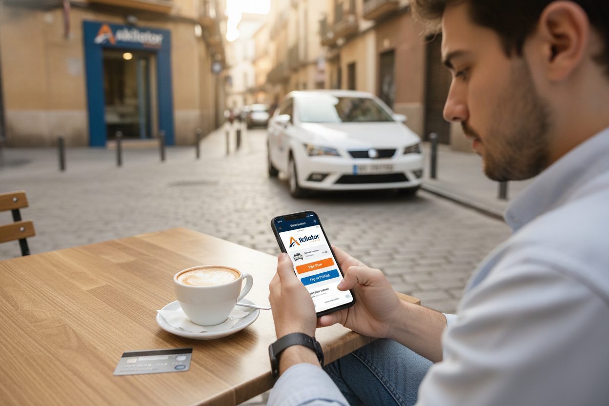 Cliente eligiendo entre pagar ahora o pagar en la oficina al reservar un coche de alquiler de Alkilator en el móvil