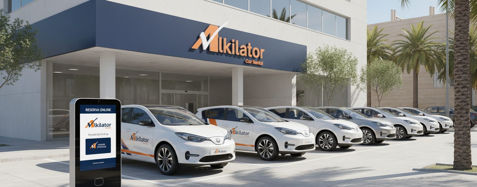 Coches de Alkilator alineados frente a una oficina junto a un tótem de reserva online