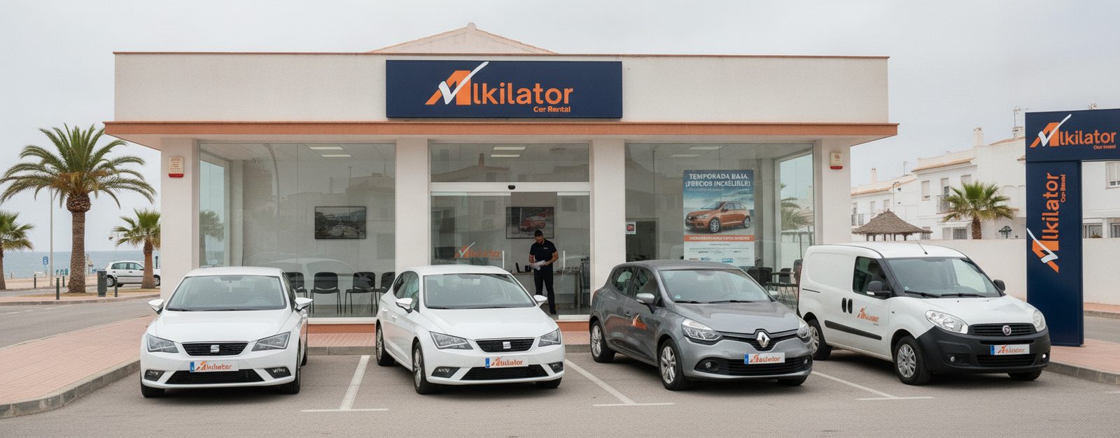 Oficina de alquiler de coches de Alkilator con su flota aparcada, ejemplo de negocio que gestiona su tesorería en temporada baja