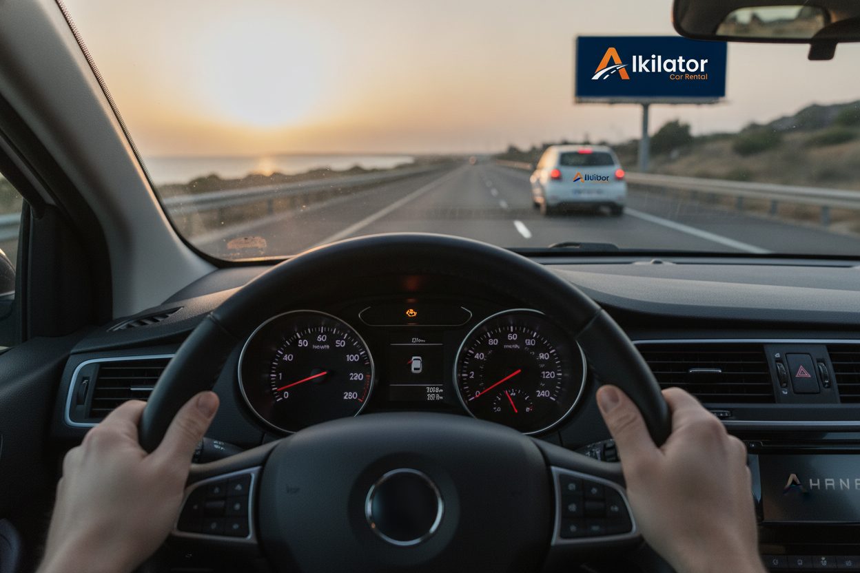Cuadro de instrumentos de un coche de alquiler de Alkilator con un testigo de aviso encendido durante un viaje