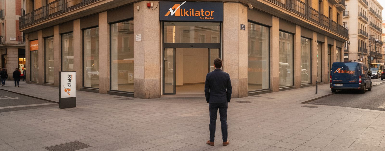 Emprendedor valorando desde la acera un local comercial en esquina para abrir un rent a car de la red Alkilator