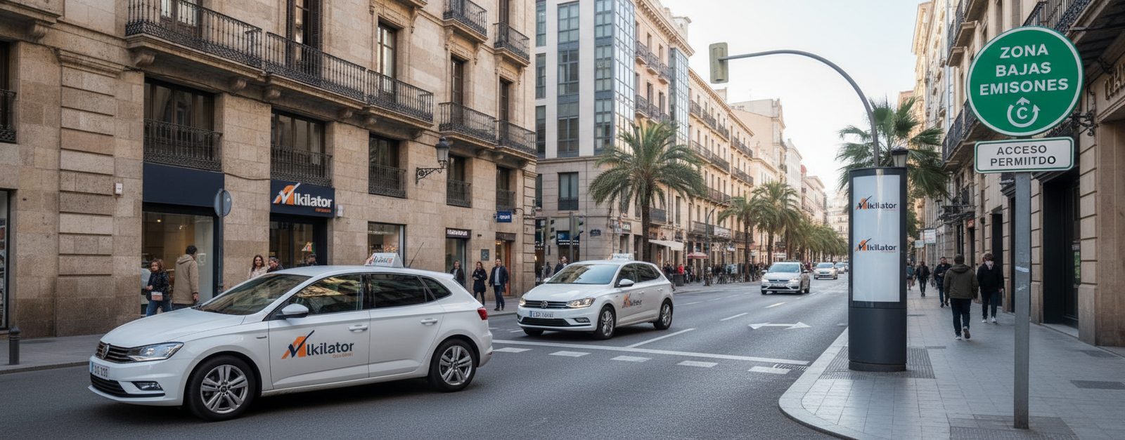 Señal verde de Zona de Bajas Emisiones en el centro de una ciudad española con coches de alquiler circulando bajo luz diurna