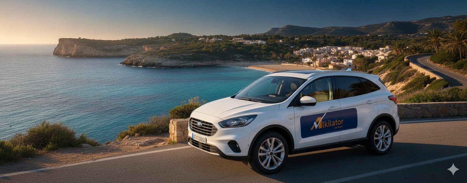 Coche de alquiler en Benidorm aparcado junto a la Playa de Levante con el skyline de la ciudad al fondo